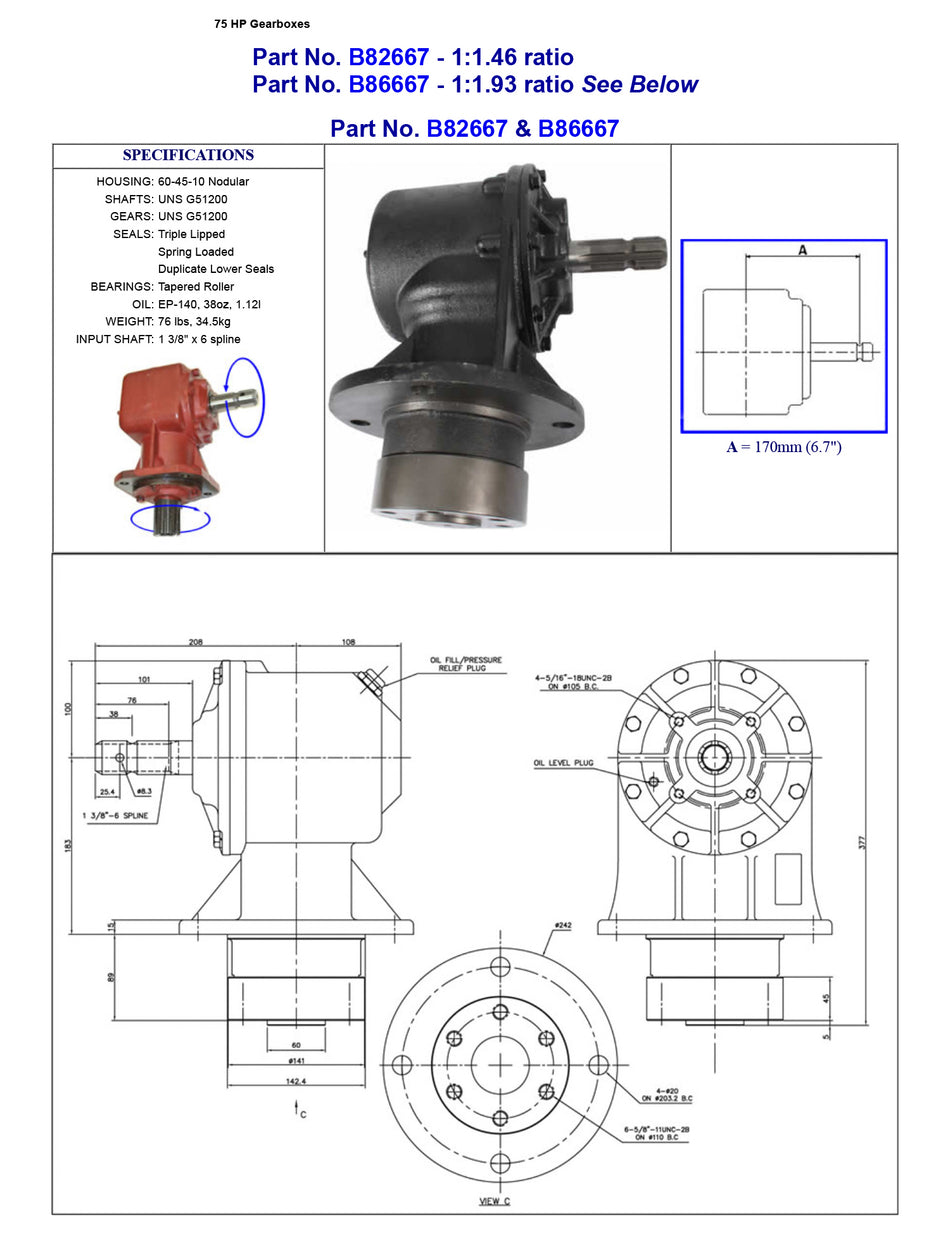 9980 Series Q-2B B86667 Slasher Gearbox with Integral output hub 75HP.