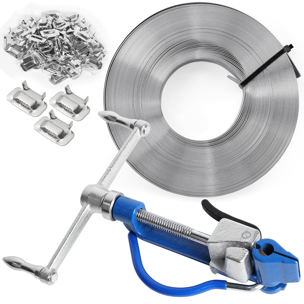 Metal clamping tool with a roll of metal strip and small metal components on a white background