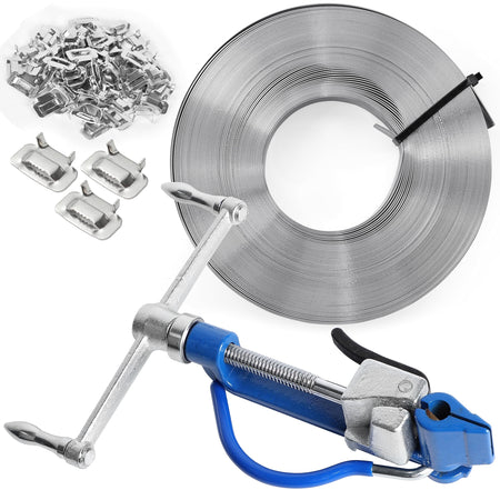Metal clamping tool with a roll of metal strip and small metal components on a white background