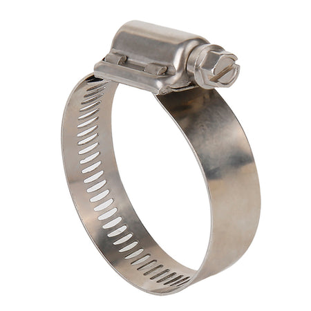 A stainless steel worm drive hose clamp with a slotted band and a metal housing.