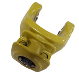 A set of universal joints and matching quick release yokes for drive shafts, with marked dimensions.