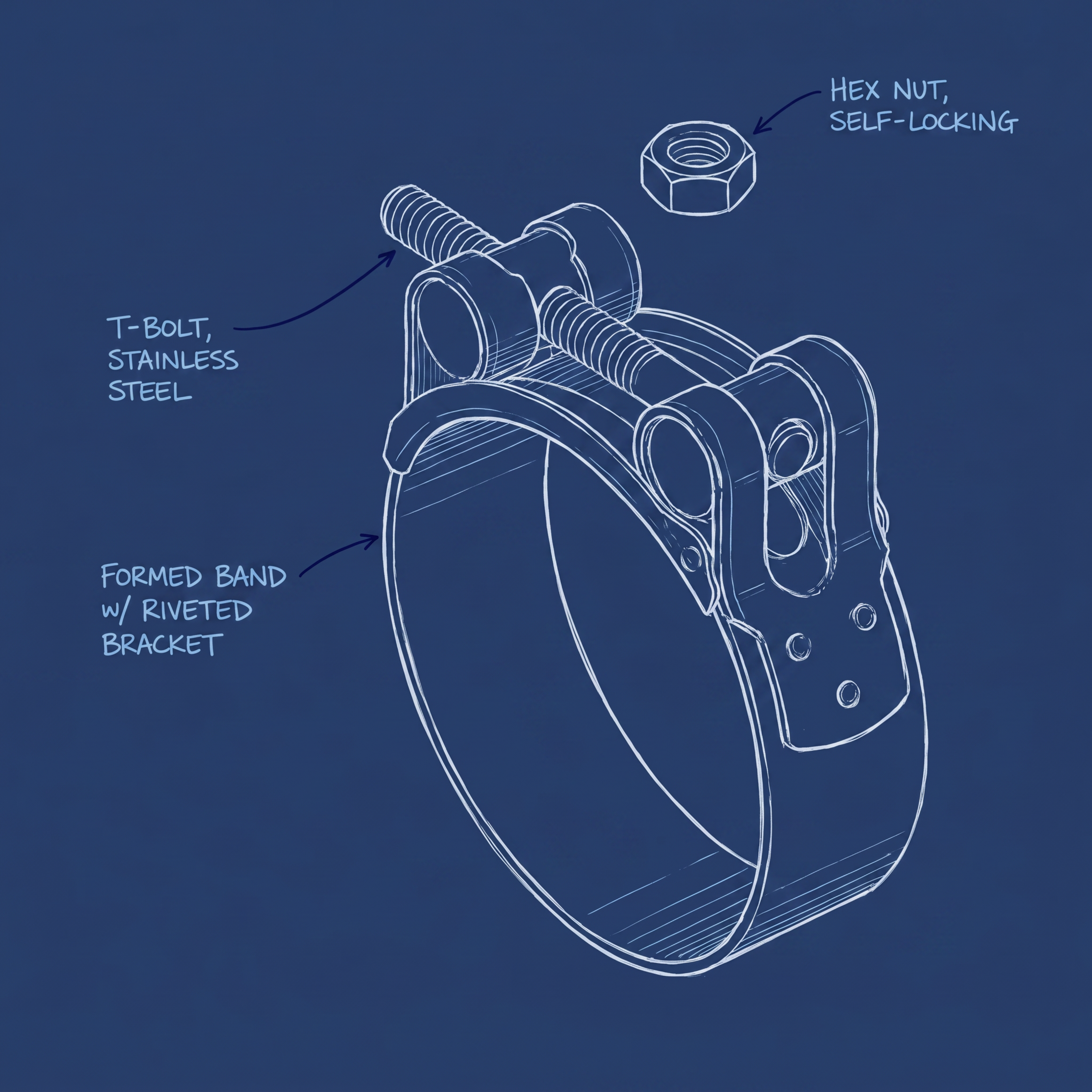 Technical line drawing of a stainless steel band clamp with labeled callouts including 'T-BOLT STAINLESS STEEL', 'FORMED BAND w/ RIVETED BRACKET', and 'HEX NUT SELF-LOCKING' on a dark blue background.