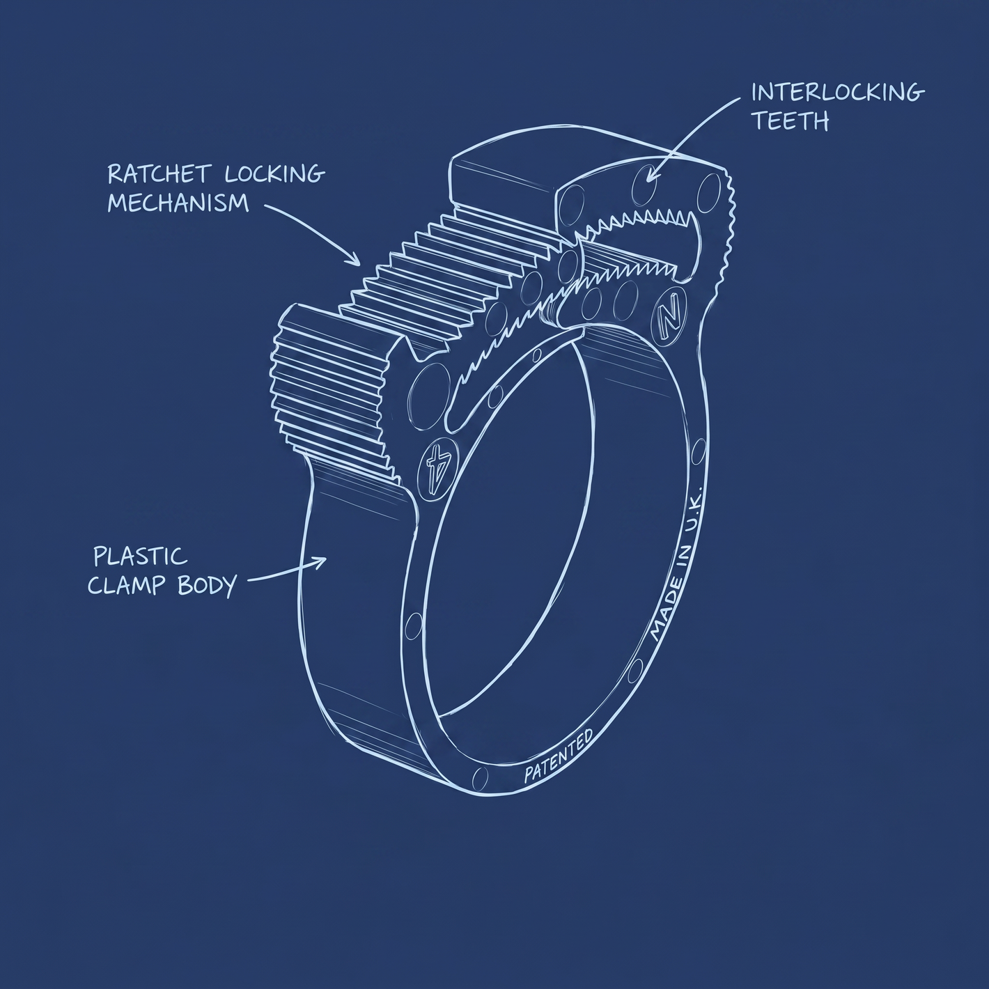 White line drawing of a ring-shaped clamp with labeled callouts reading 'Ratchet Locking Mechanism,' 'Plastic Clamp Body,' and 'Interlocking Teeth' on a blue background.
