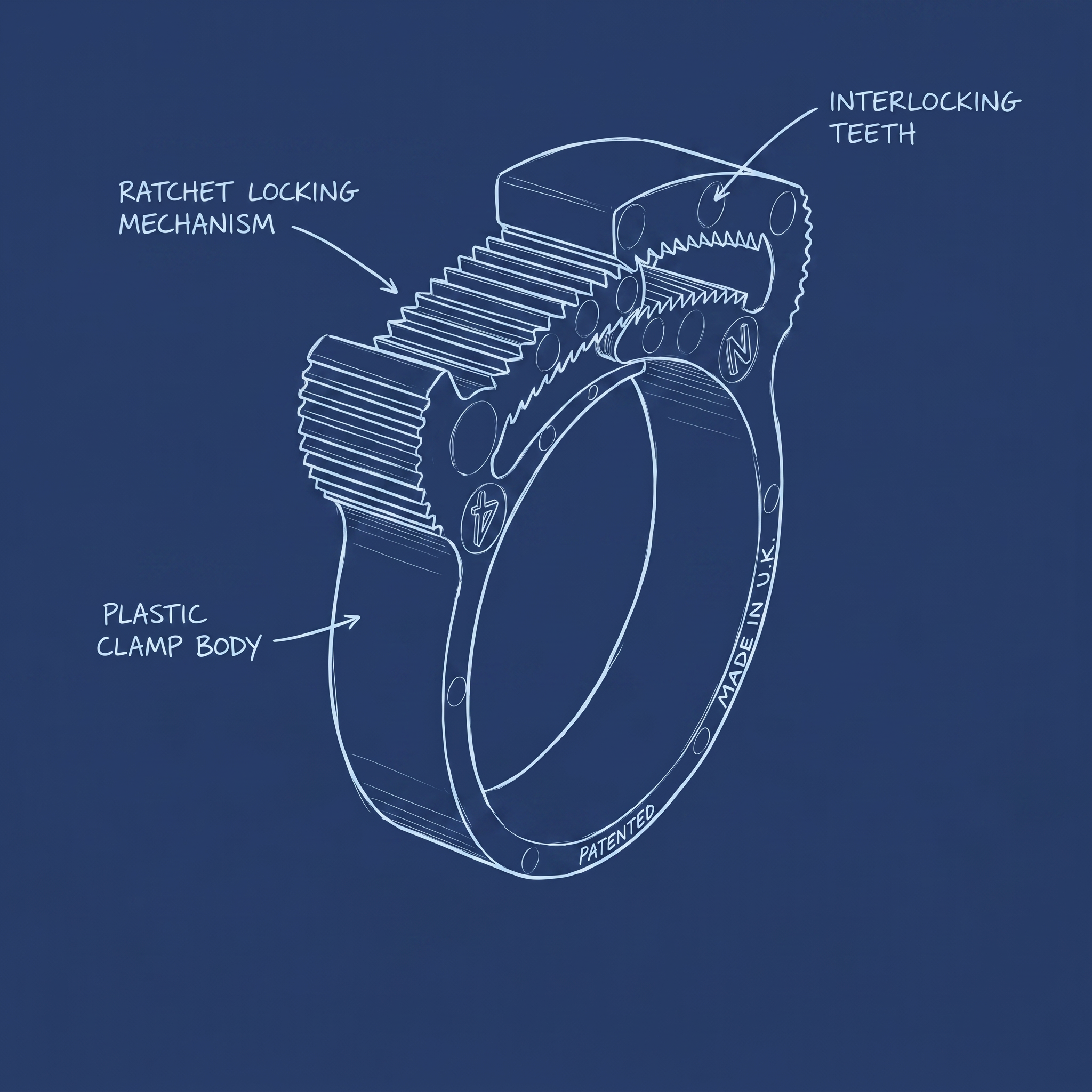 White line drawing of a ring-shaped clamp with labeled callouts reading 'Ratchet Locking Mechanism,' 'Plastic Clamp Body,' and 'Interlocking Teeth' on a blue background.