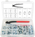 9300 Series Auto & Industrial  2 Ear Clamps W1 Zinc Plated Steel 10 and 100 Pack and Assortment Kit and Pincers.