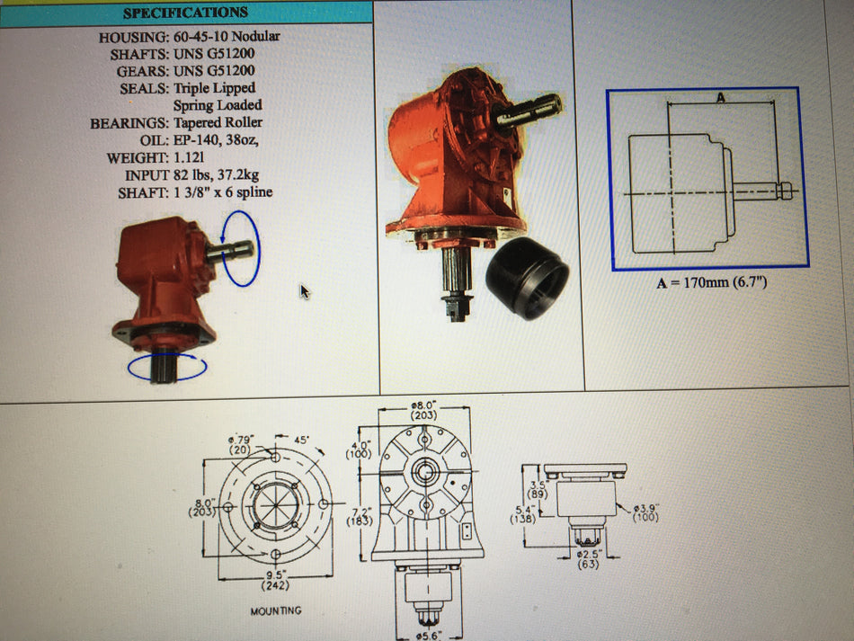 9980 Series Q-2A-B6667 Slasher Gearbox 75HP 1:1.93 Gear Ratio.