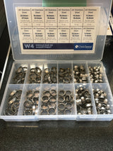 9450 Series 304SS Stainless One Ear Stepless Hose Clamps W4 Packs of 10 or 100 Clips and assortment kit. Application Pincers.
